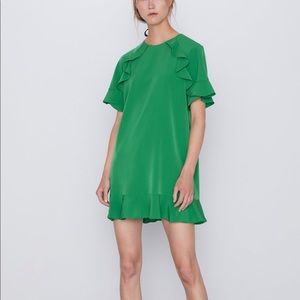 Zara | Dresses | Zara Green Ruffled Dress Short Small Shift Nwt | Poshmark